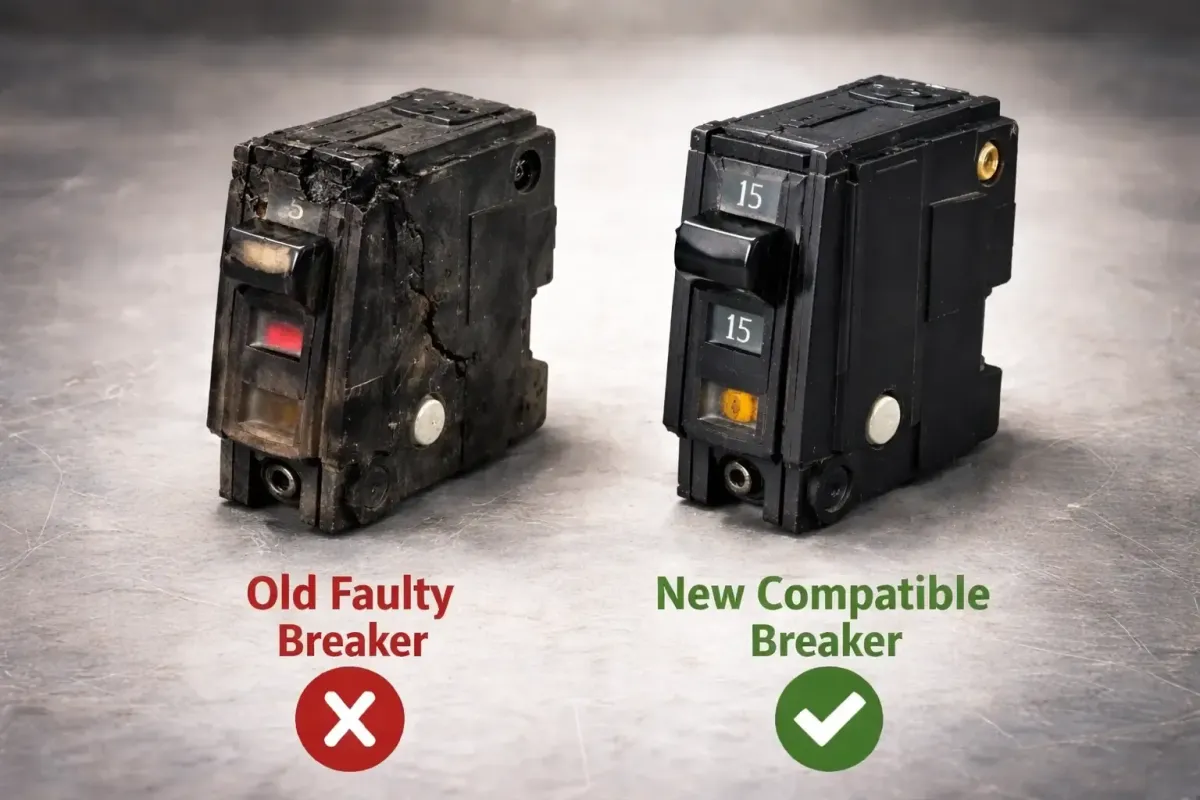 Old burnt faulty circuit breaker next to a clean new compatible breaker illustrating safe residential circuit breaker replacement by Cu Solutions in Denver