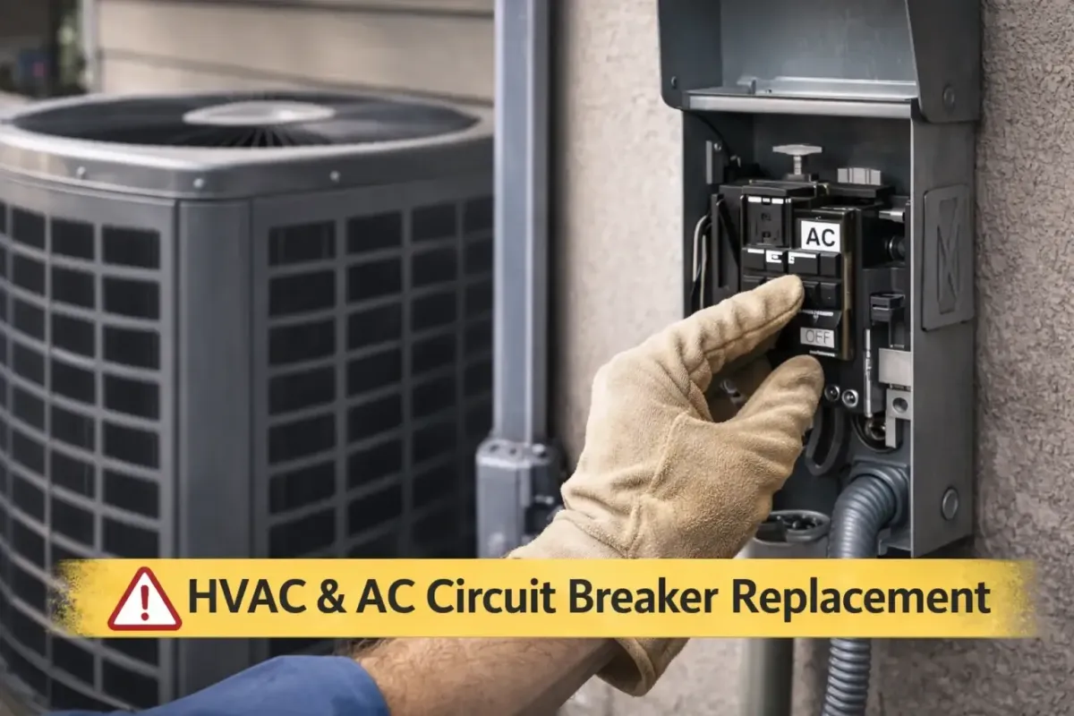 Electrician replacing HVAC and AC circuit breaker in an outdoor disconnect box next to an air conditioner during residential circuit breaker replacement by Cu Solutions in Denver