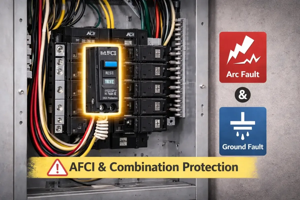 Residential electrical panel highlighting an AFCI combination circuit breaker that provides arc fault and ground fault protection during professional circuit breaker replacement by Cu Solutions in Denver