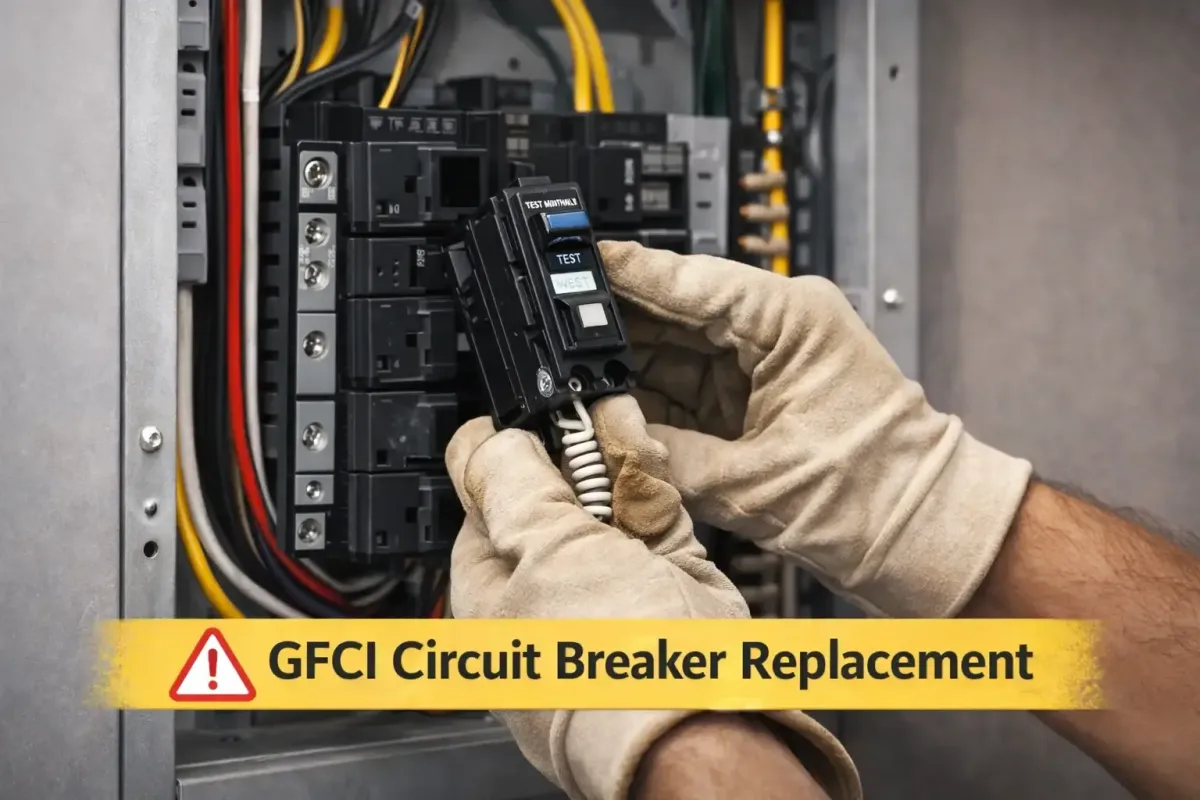 Electrician installing a GFCI circuit breaker in a residential electrical panel during professional circuit breaker replacement by Cu Solutions in Denver, Colorado