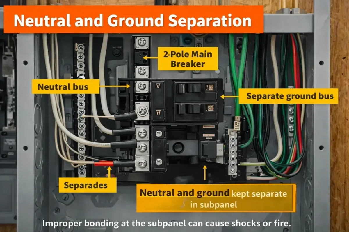 Open residential subpanel showing separated neutral and ground bus bars, illustrating proper neutral and ground separation for electrical subpanel installation by Cu Solutions in Denver