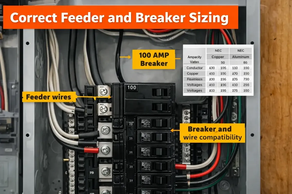 Close up of a residential subpanel in Denver showing correctly sized feeder wires and a 100 amp breaker, illustrating safe electrical subpanel installation by Cu Solutions