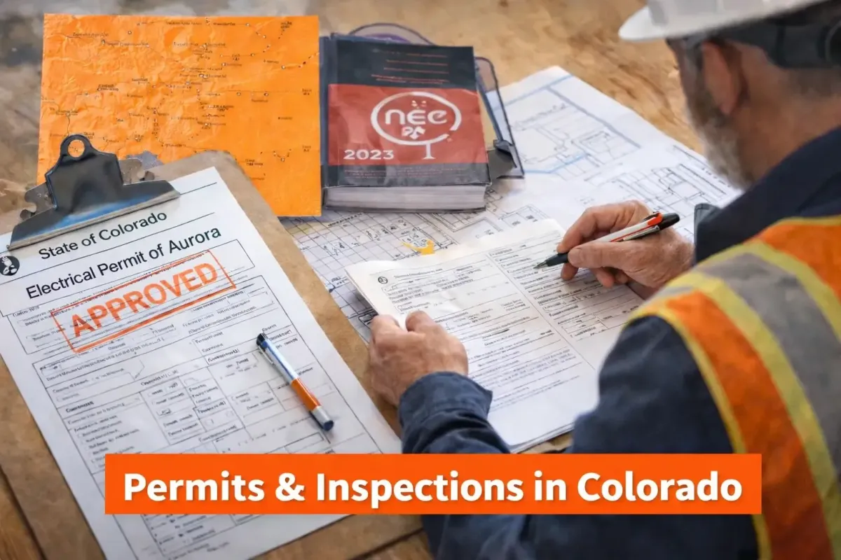 Electrical inspector reviewing approved Colorado permit paperwork and plans for a residential subpanel installation, representing permits and inspections required for subpanel work by Cu Solutions in the Denver metro area