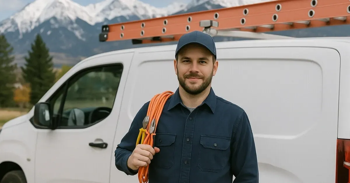 Denver electrician standing by a service van in front of Colorado mountains, ready to help homeowners with electrical panel upgrades, quotes, and advice.