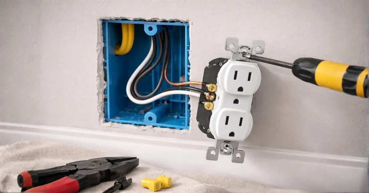 Electrician adding a new circuit and installing a duplex outlet in a finished wall for a Denver, CO homeowner.