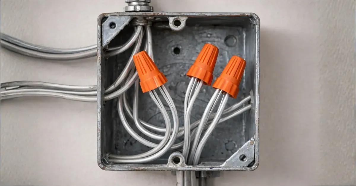 Aluminum wiring connections inside a metal junction box being safely updated with wire connectors in a Denver, CO home.