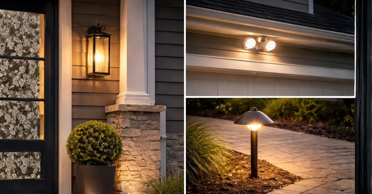 Outdoor lighting installation at a Denver, CO home with wall lantern, garage security lights, and pathway lights professionally wired by Cu Solutions.