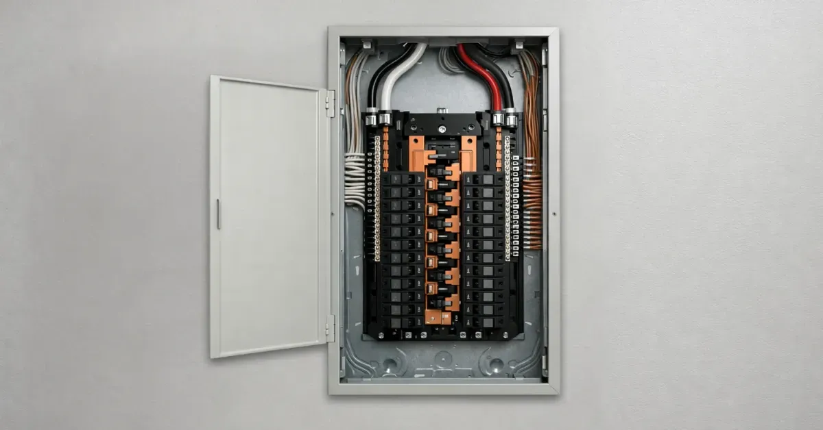 Upgraded main electrical panel with neatly organized breakers and wiring in a Denver, CO residence installed by Cu Solutions.