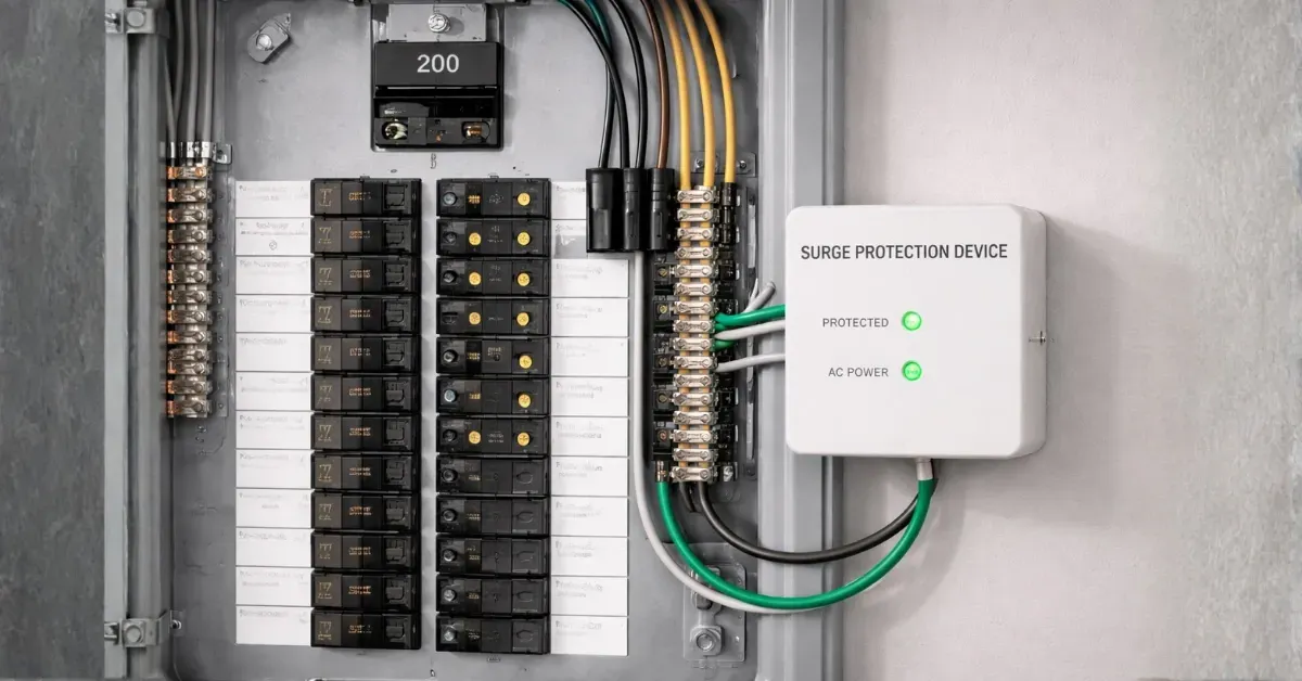 Whole home surge protection device installed next to a main electrical panel in a Denver, CO home by Cu Solutions.
