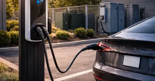 Shared parking area at a Denver, CO townhome and condo community with multiple EV chargers on posts and wall-mounted units, showing several electric vehicles plugged in at numbered spaces in a well-lit twilight setting.