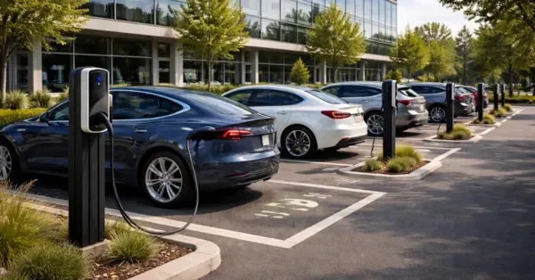 Home Level 2 EV charger installation in a clean Denver, CO garage with a late-model electric vehicle parked and plugged into a wall-mounted charger by Cu Solutions.