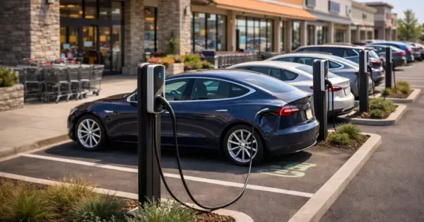 Outdoor EV charger installed on the exterior of a detached garage at a Denver, CO home, with an electric vehicle backed into the driveway and plugged into a weather-rated charger, conduit neatly run along the siding, and soft early morning light with trees in the background.