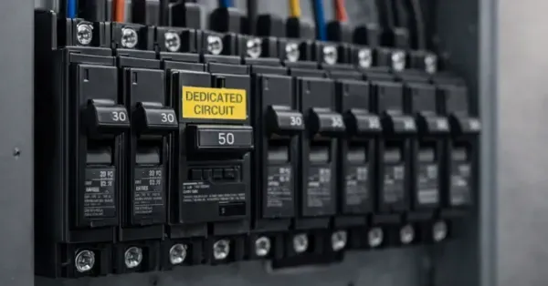Close up of an additional dedicated circuit breaker installed in a modern commercial electrical panel in a Denver, CO building by Cu Solutions.