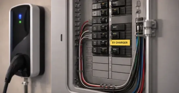 Close up of a newly upgraded main electrical panel in a Denver, CO home with neatly organized breakers, color coded wiring, and a clearly labeled EV charger breaker next to a wall-mounted charger by Cu Solutions.