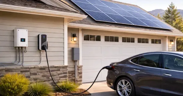 Colorado home with rooftop solar panels and a wall-mounted EV charger on the garage exterior, showing an electric vehicle plugged in next to an electrical panel and combiner box for a solar ready EV charging setup by Cu Solutions.