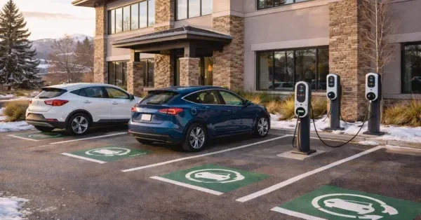 Modern electric vehicle charging stations in a marked EV parking area at a Denver metro office building, showing multiple Level 2 chargers and parked EVs installed by Cu Solutions.