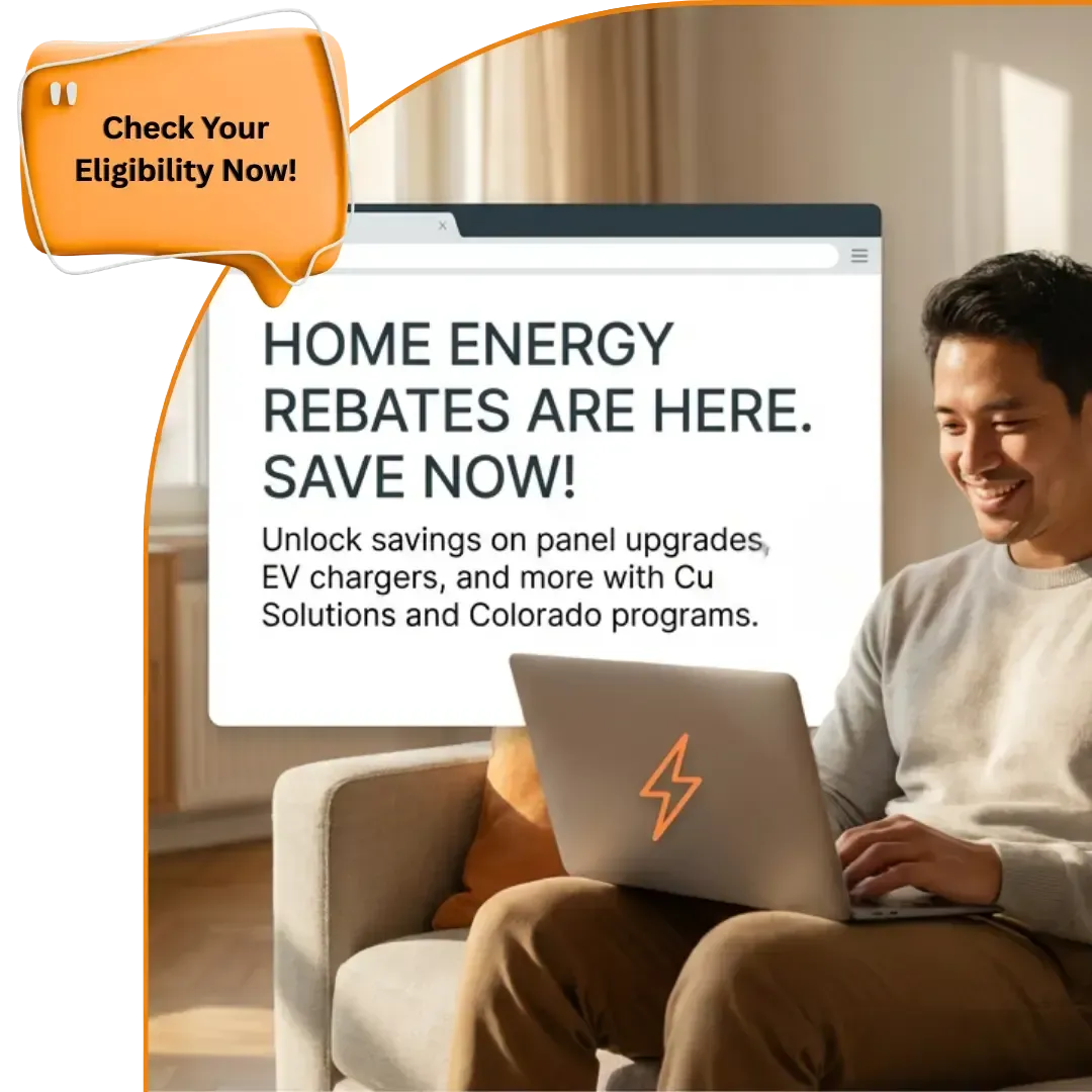 Colorado homeowner sitting on a couch using a laptop to check eligibility for Colorado home energy rebates with Cu Solutions