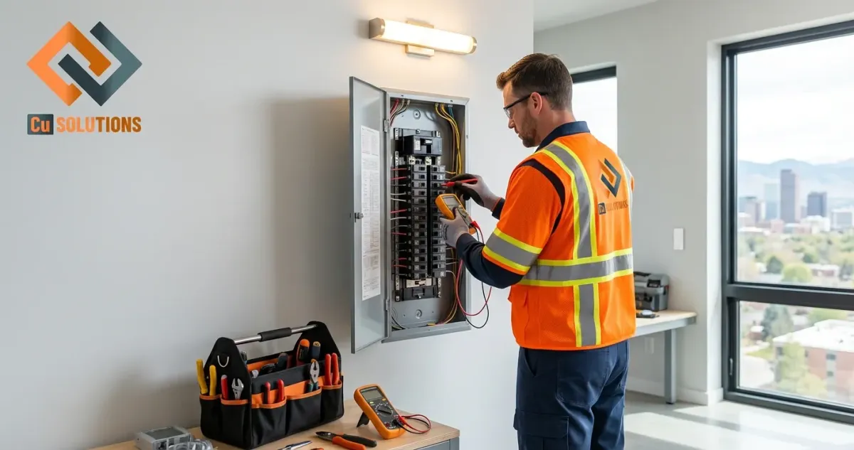 A professional Cu Solutions electrician in a charcoal and orange uniform performing a panel upgrade on a modern electrical board in a Denver home.