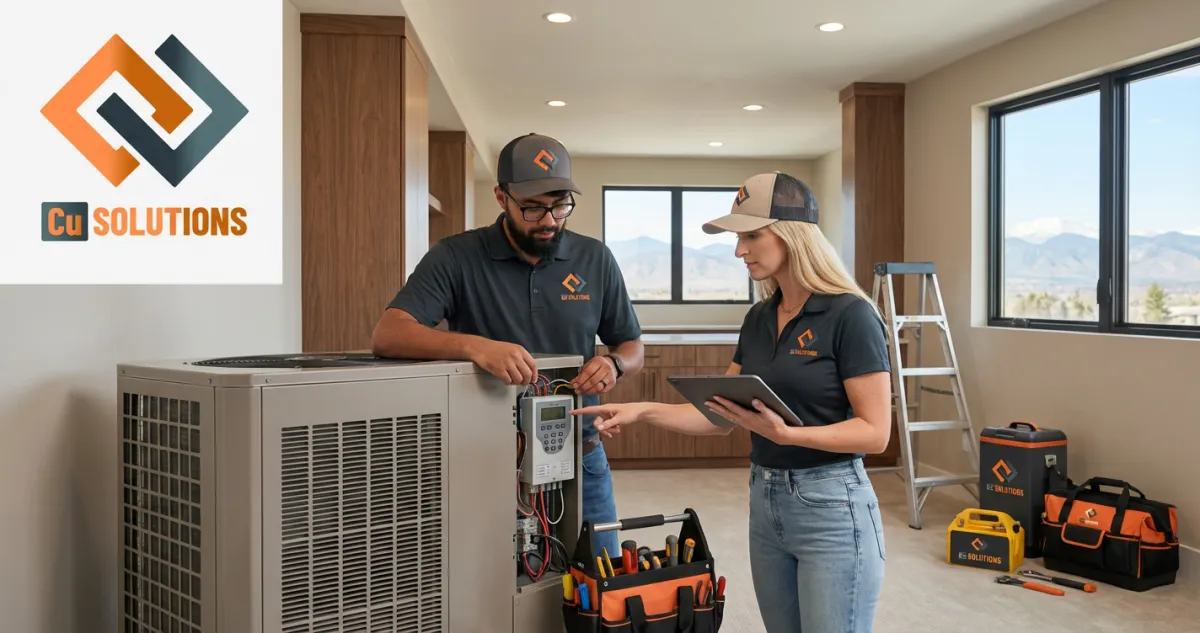 A professional Cu Solutions electrician in a charcoal and orange uniform performing maintenance on a modern outdoor heat pump at a residential property in Denver.