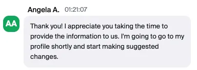 Screenshot testimonial from an attendee of the Land Premium Clients workshop that says she appreciates the info and shes going to update her profile and start making suggested changes.