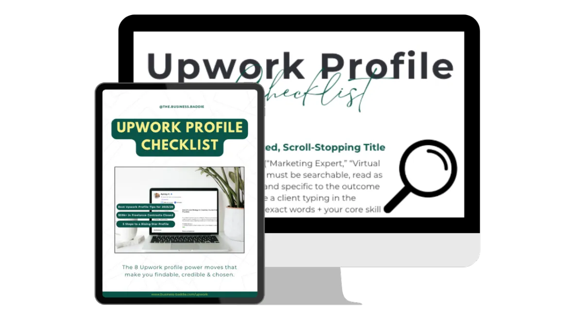 Opt-in landing page promoting a free resource called 'Upwork Profile Checklist.' Page shows a mockup of the guide, short testimonials, and a clean forest-green, purple, and white layout.