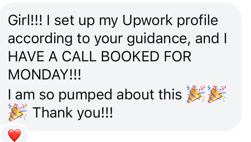 Screenshot testimonial from an attendee of the Land Premium Clients workshop that set up her profile according to the workshop and has a call booked for monday.