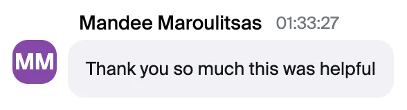 Screenshot testimonial from an attendee of the Land Premium Clients workshop that says thank you this was helpful.