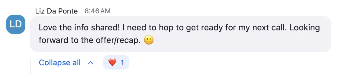 Screenshot testimonial from an attendee of the Land Premium Clients workshop that says she needs to implement this to start landing these clients and start 2026 with a bang.