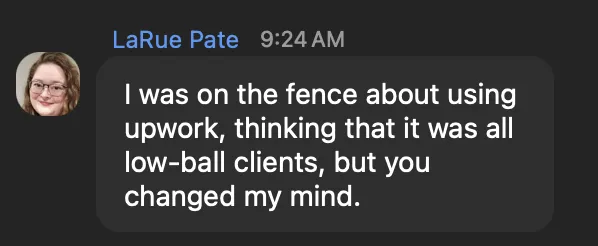 Screenshot testimonial from an attendee of the Land Premium Clients workshop that says she loves how the presenter isn't gatekeeping anything.