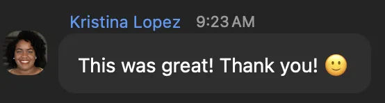 Screenshot testimonial from an attendee of the Land Premium Clients workshop that says she needs to implement this to start landing these clients and start 2026 with a bang.