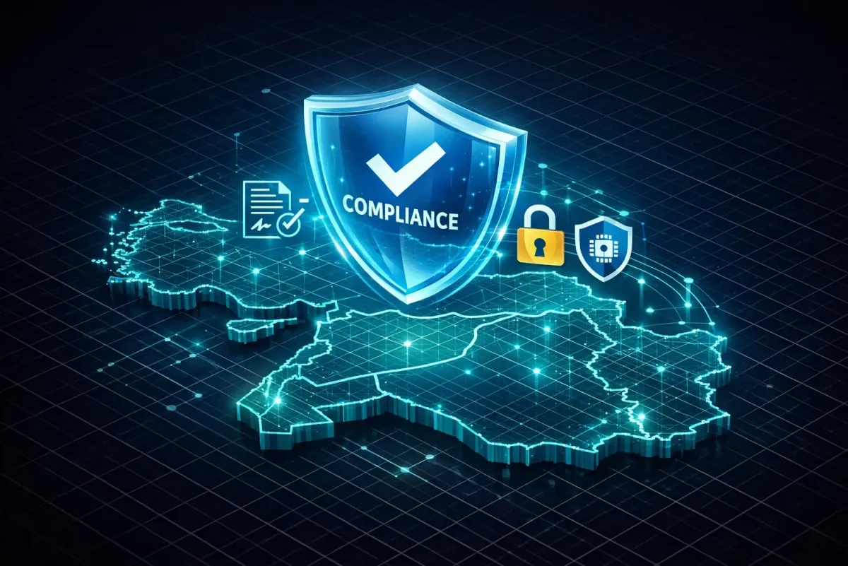 Remote work compliance and legal safety concept for Middle East business expansion featuring a digital gavel and shield.