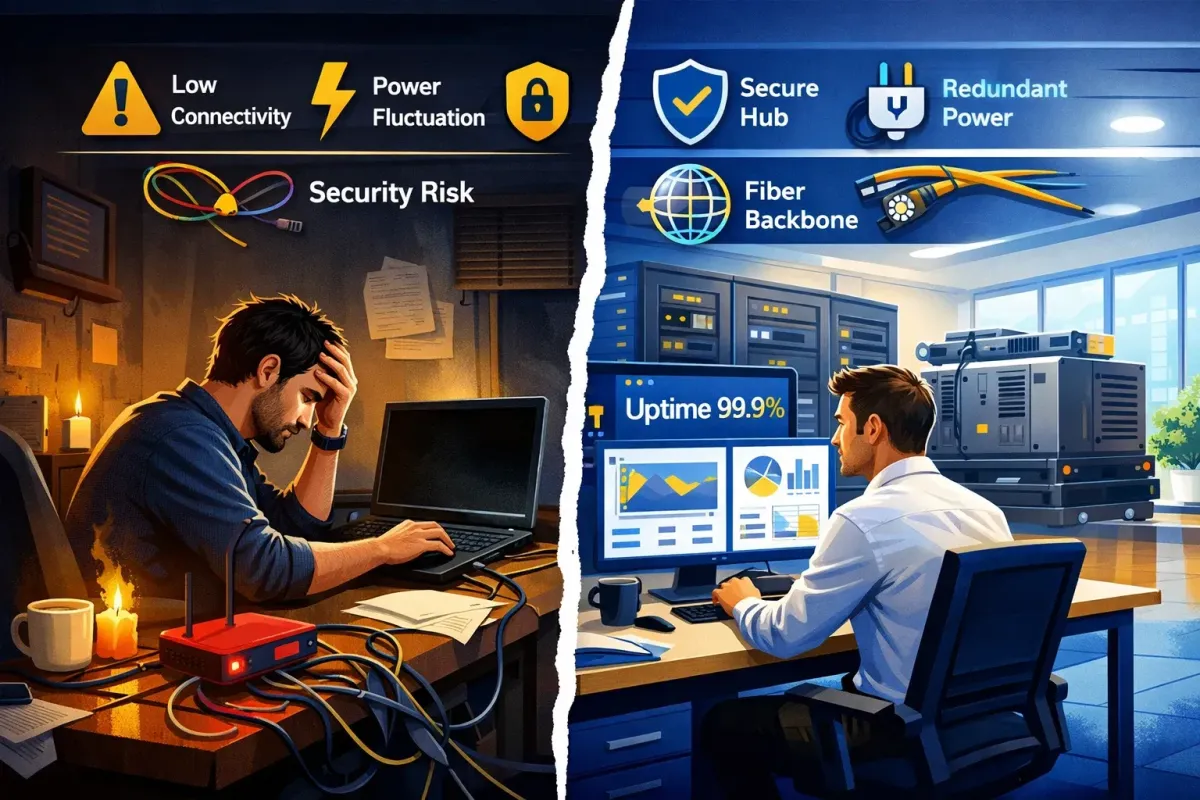 Split-screen visual comparing a failing home office setup with power and internet instability versus a secure managed office hub with redundant connectivity and enterprise-grade infrastructure, illustrating why remote teams cannot scale on residential environments.