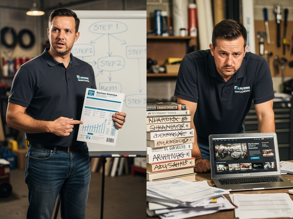Side-by-side image of a contractor holding a business diagnostic in front of a whiteboard on one side, and the same contractor looking frustrated at a cluttered desk with a laptop and books on the other side — showing the contrast between clarity and confusion.