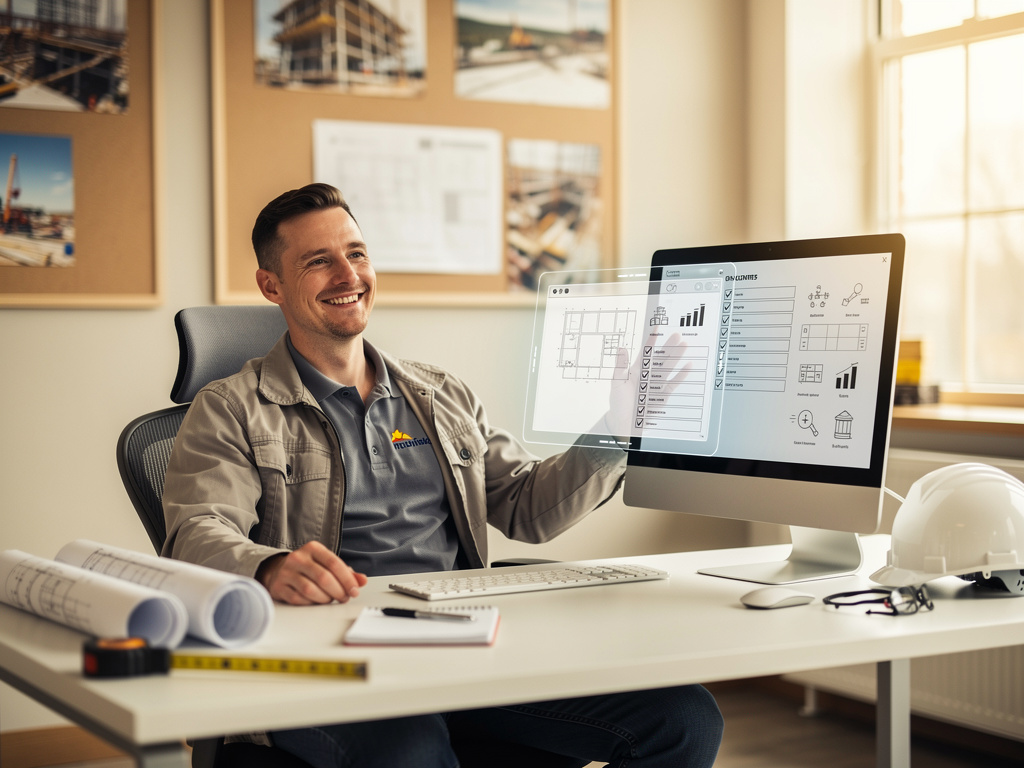 Smiling construction business owner using a digital diagnostic dashboard on a desktop computer in a bright office, with architectural plans and tools on the desk — representing clarity and confidence in business decisions.