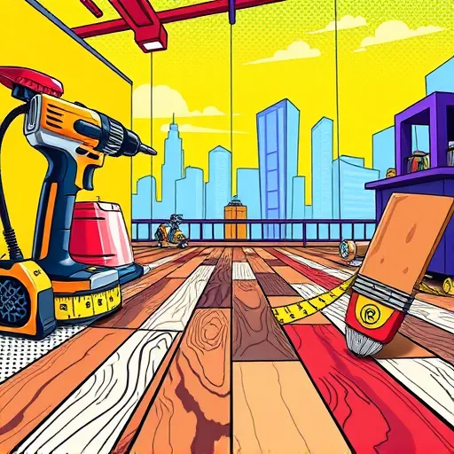 A vibrant, PopArt-inspired illustration showcasing the energetic world of flooring installation. The scene features a dynamic workshop filled with bold, contrasting colors like bright yellow, electric blue, and vibrant red. Oversized, stylized tools—including a futuristic power drill, a sleek measuring tape, and a whimsical hammer with comic-style motion lines—add a playful touch. Animated flooring samples with expressive faces and exaggerated grain patterns appear to "dance" and "spread" across the scene, emphasizing installation activity. The flooring displays a patchwork of diverse textures, including wood grain, tile mosaic, and colorful carpet tiles, arranged in swirling, eye-catching patterns. The lively background depicts a geometric cityscape with stylized buildings shaded in pop-art style, featuring dotted shadows and thick outlines, enhancing depth and excitement. quirky details, such as a smiling robot with tape measures and a mischievous paintbrush with bubbling paint, add humor and charm. The overall mood is playful and energetic, highlighting craftsmanship with a comic book-like vibrancy and vivid palette, making it an ideal striking blog cover that captures the lively essence of flooring installation through a distinctive pop-art aesthetic.