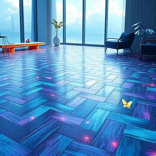 A vibrant, surreal art scene depicting a dreamlike interior with a visionary take on laminate flooring. The floor is composed of expansive, interlocking planks resembling shimmering gemstone layers with iridescent reflections, forming the ground of a fantastical landscape. These gemstone-like planks flow and curve into a winding river of polished, colorful gemstones, creating a flowing, innovative surface within a cozy, modern living space. The atmosphere blends calm sophistication with a playful charm, featuring floating, glowing geometric patterns and tiny luminous critters, such as fireflies and abstract animals, darting beneath the surface. Abstract, plant-like structures with metallic leaves sway gently around the edges, seamlessly merging nature with sleek modern design. The background showcases a minimalistic room with softly glowing futuristic furniture in muted tones, set against a luminescent, cloud-filled sky visible through expansive windows. The scene is rendered in a visionary art style, emphasizing ethereal glow, intricate textures, and surreal details, with a color palette of deep blues, shimmering silvers, and gentle golds, evoking a mood of tranquil innovation and inspiring wonder, transforming the ordinary concept of laminate flooring into a mesmerizing, otherworldly landscape.
