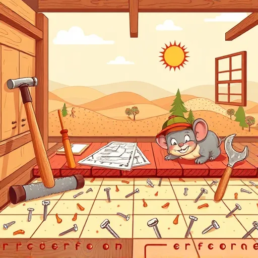 A colorful folk-art-inspired illustration depicting the detailed process of subfloor preparation within a cozy, rustic setting. The cross-section showcases exaggerated layers of wood, insulation, and subfloor panels in bold earthy tones accented with cheerful reds, oranges, and mossy greens. Playful tools with animated faces—such as a smiling hammer, expressive screwdrivers, and patterned saw blades—are arranged dynamically, emphasizing the choreographed craftsmanship involved. A charming cartoon mouse wearing a carpenter’s hat and holding a tiny wrench adds whimsical personality, while scattered animated nails peek out from wooden beams. The background features a stylized landscape with rolling hills, dotted trees, and soft pastel clouds, creating a calming folk-art atmosphere. The ground displays patchwork textures and embroidered motifs representing various materials used in subflooring. A vintage blueprint with ornate lines runs subtly through the scene, symbolizing planning and precision. A cheerful sun shines through stylized window frames, casting warm light over the scene. Overall, the vibrant, playful scene celebrates the essential yet often overlooked work of subfloor preparation with a lively folk-art aesthetic, inviting viewers to appreciate craftsmanship through a whimsical lens.