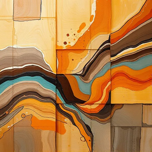 A vibrant abstract mosaic inspired by hardwood flooring, featuring bold, jagged brushstrokes that mimic the intricate grain patterns of aged oak and walnut planks. The composition displays swirling waves of warm browns, deep chocolates, golden honey hues, and subtle ash grays, creating a textured surface that evokes natural wood and artistic chaos. Accents of rich caramel, burnt sienna, and muted teal add playful eccentricity, resembling knots and imperfections in wood. Thick impasto textures and energetic splashes give a tactile, three-dimensional feel, highlighting the raw beauty of natural materials. The background showcases an atmospheric gradient from warm amber at the top to cool, subdued grays at the bottom, enhancing depth. Light and shadow interplay through expressive brushstrokes, generating a lively, inviting mood that blends calm sophistication with wild creativity. Hidden geometric shapes, such as scattered puzzle pieces and quartered circles, are subtly embedded within the design, adding a whimsical element of discovery. Overall, this abstract expressionist artwork celebrates the artistic spirit of hardwood flooring with spontaneous strokes and layered textures, making it a compelling visual perfect for blog covers or designs emphasizing natural material artistry and creative inspiration.