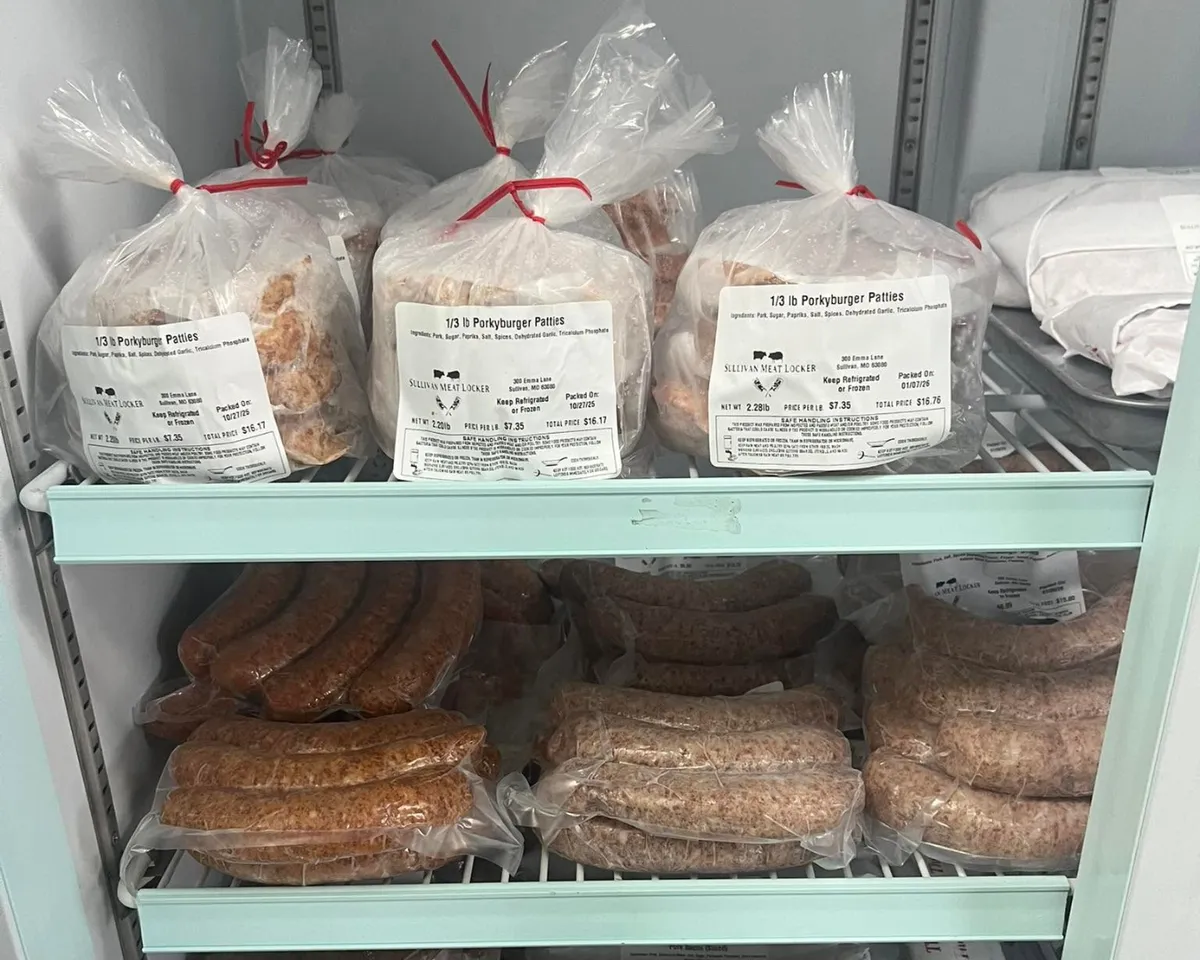 Packaged ground beef and locally raised meat products available for retail purchase at Sullivan Meat Locker in Sullivan, MO.