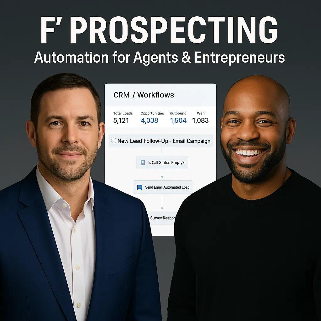 Rod Ferrier and Jonas Mitchell with CRM dashboard showcasing automation for agents and entrepreneurs at F’ Prospecting