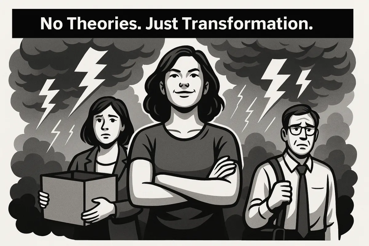 Illustration of entrepreneurs emerging from struggle to strength, symbolizing transformation through real-world business challenges