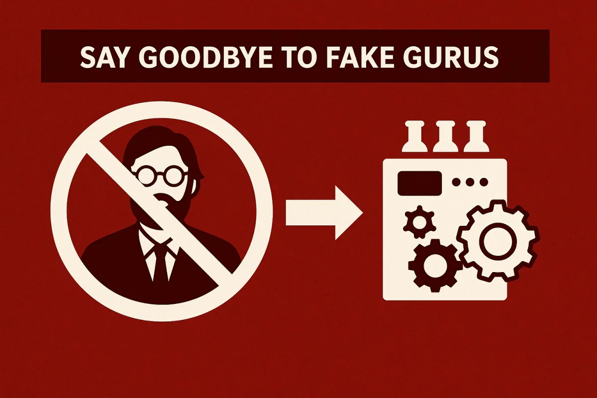 Visual concept showing rejection of fake gurus in favor of real automation systems with gears and machinery on red background.