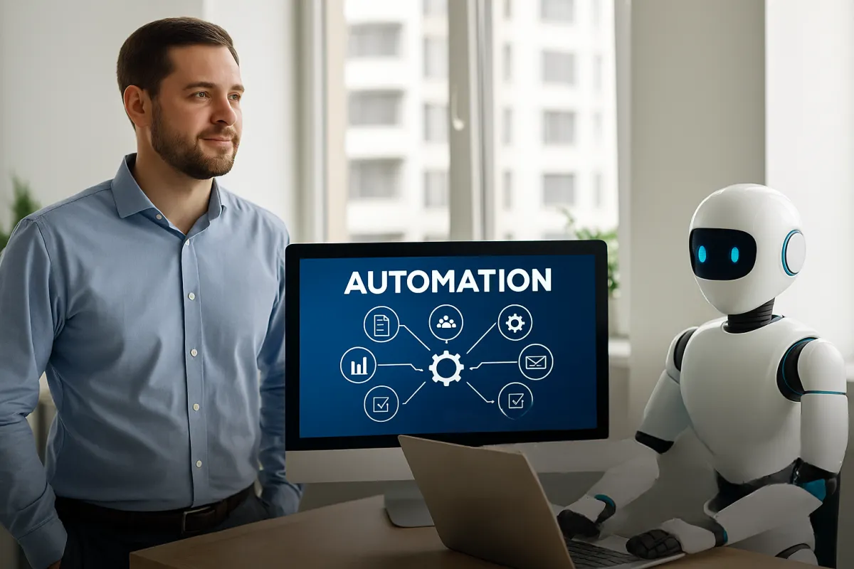 Business owner leveraging AI and automation to remove themselves from daily operations, illustrated with robot assistant and icons