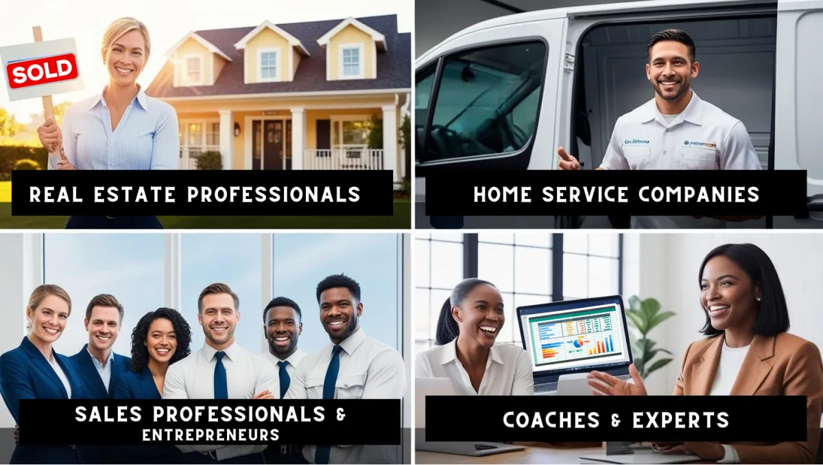Collage showing real estate agents, home service providers, sales professionals, and coaches—F’ Prospecting’s core client groups