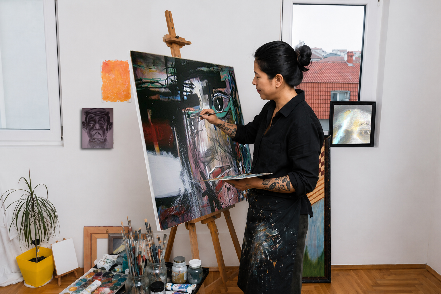 Angelica Mabanglo in her artist studio, framed as a zine cutout.