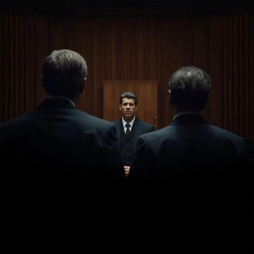 A worried Latin businessman stands with his lawyer in a USA courtroom facing a judge