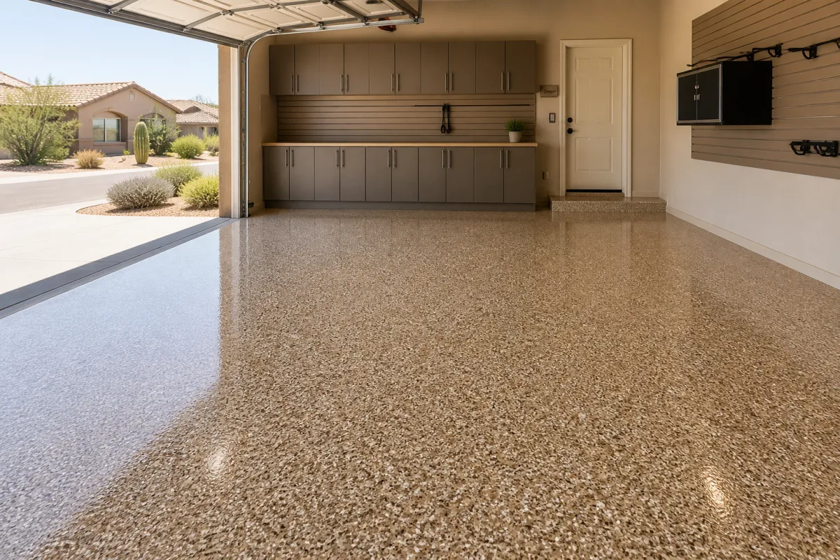 Beige and tan epoxy flake garage floor coating in Queen Creek AZ home with desert landscaping visible through open garage door