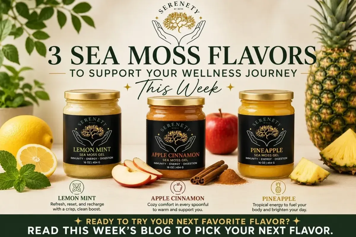 Three jars of flavored sea moss gel on a kitchen counter