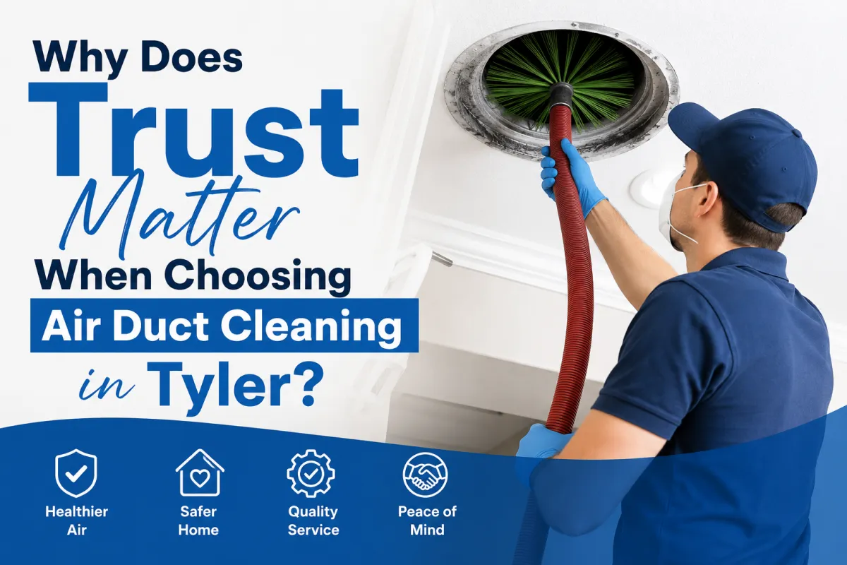 Technician performing professional air duct cleaning inside a Tyler home with care.