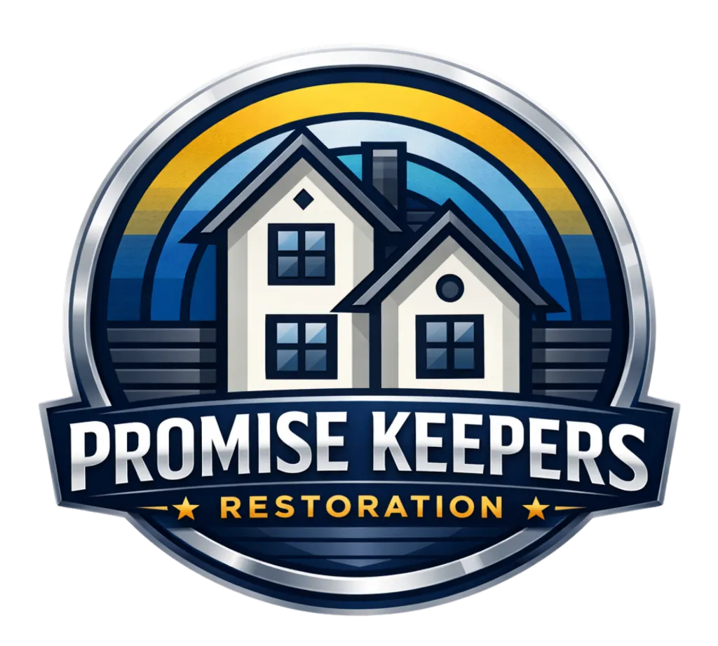 Promise Keepers Restoration circular logo with blue house and mountain motif